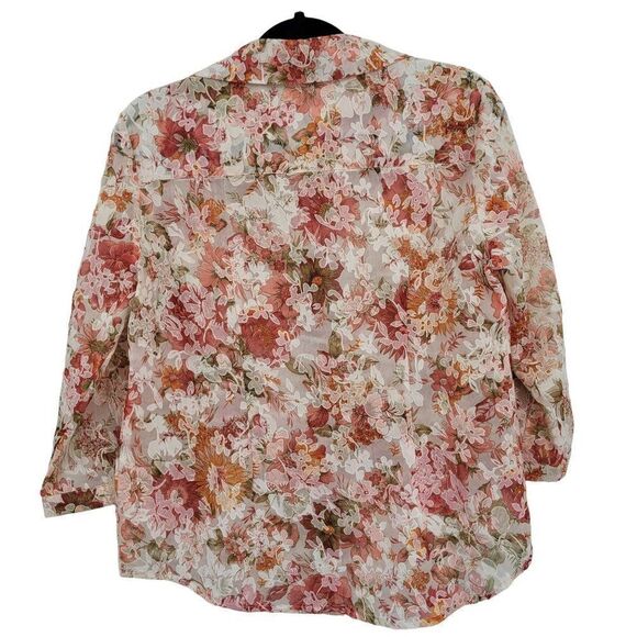 Womens Button Up Blouse S Pink Floral Sheer 3/4 Sleeve Collared Top Country - Picture 3 of 13